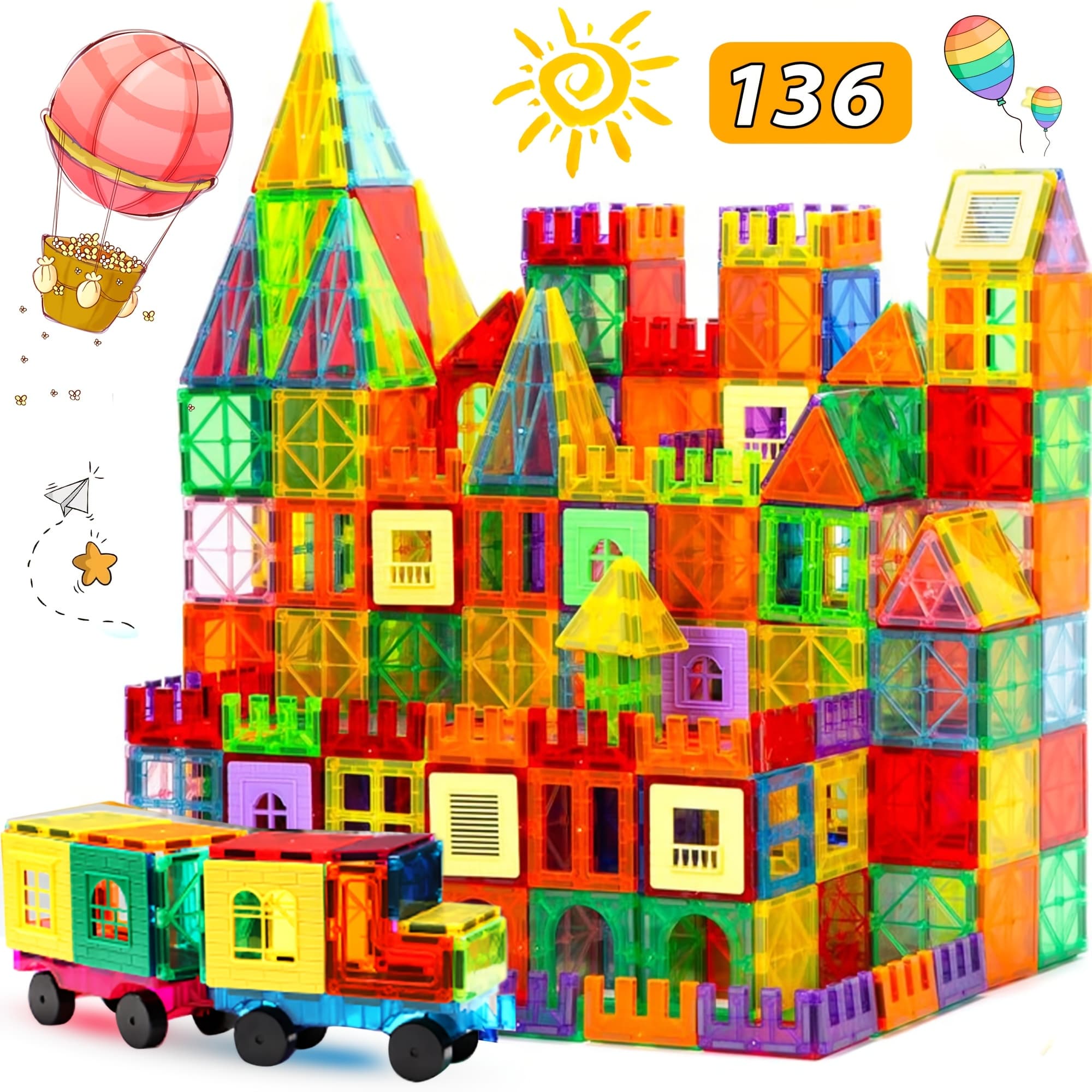 TEMU 80/106/136pcs Magnetic Tiles For Kids, Magnetic Building Blocks With 2 Cars, Magnet Tiles Construction Building Toys, Stem Sensory Toys Birthday Gifts Toys For Kids Boys Girls 3 4 9+ Year