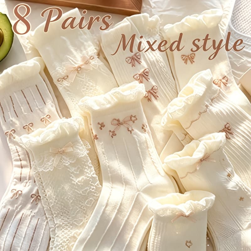 TEMU 8 Pairs Mixed Cute And Elegant Women's Mid-calf Socks. Featuring Fashionable Bows And Small Floral Patterns. Are Exquisite And Christmas Casual Socks Suitable For Spring And Summer Wear