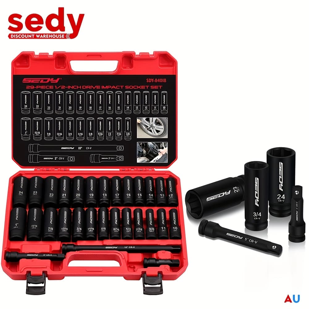 TEMU 29pcs 1/2" Drive Impact Socket Set Sae (3/8 To 1 Inch) And Metric (10-24mm) Sizes With Extension Bars Standard Deep & Shallow Kit Material High Durability Impact Wrench