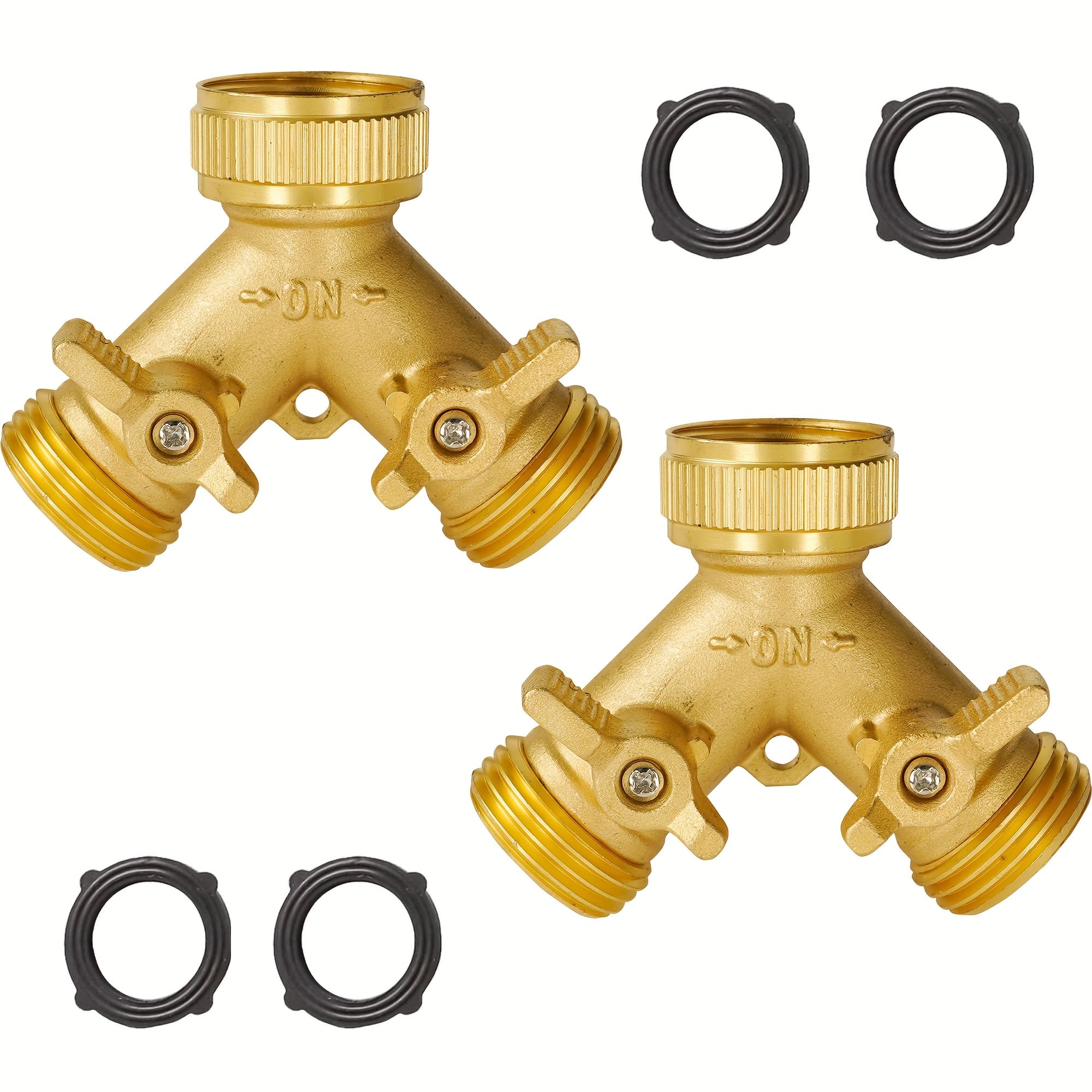 TEMU Set Of Brass Y Connectors For Hoses, Featuring Dual Valve Controls For Versatile Use, Accompanied Extra Rubber Gaskets