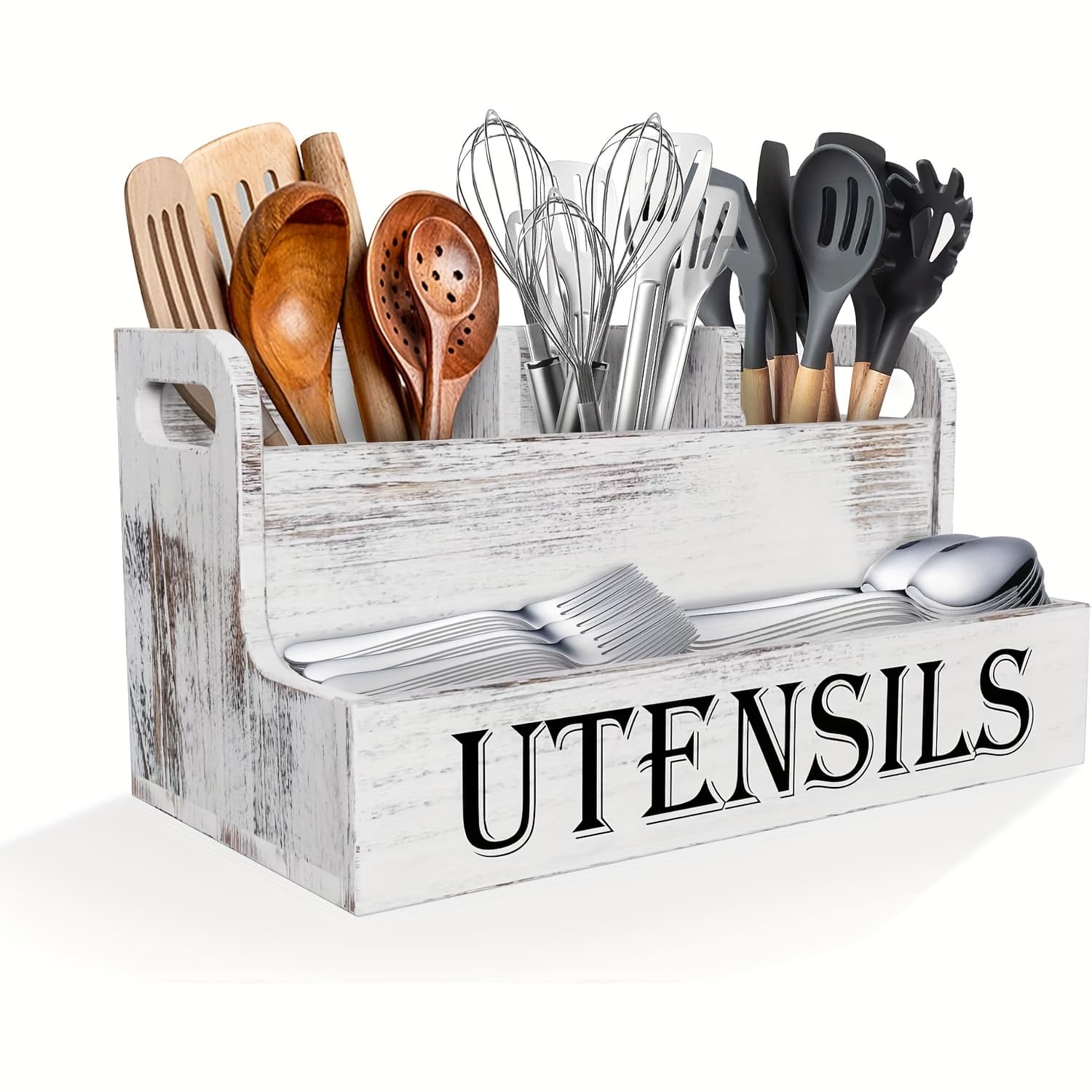 TEMU Extra Large Kitchen Utensil Organizer With 4 Compartments, White Wooden Kitchen Utensil Organizer For Kitchen Countertops, Farmhouse Utensil Storage, Rustic Cooking Utensils - White.
