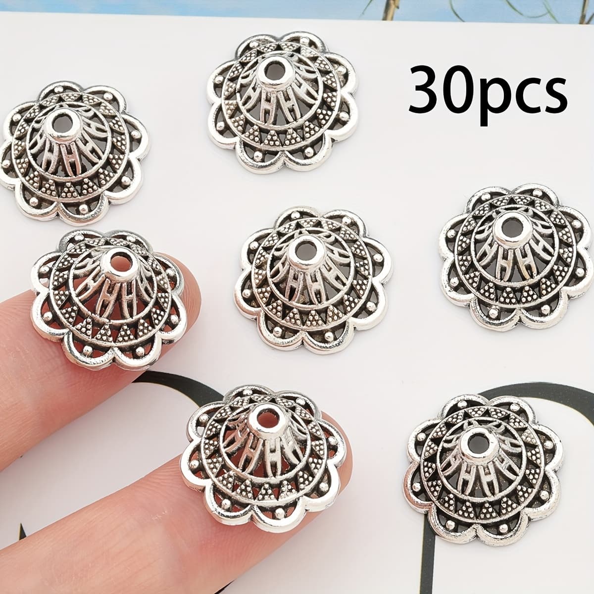 TEMU 30pcs Large Hollow Tibetan Floral Spacer Beads - Alloy Fine Hollow-out Design For Diy Necklace, Bracelet, And Earring Making, Elegant Craft Beads, , Tibetan Beads, Hollow-out Patterned Surface