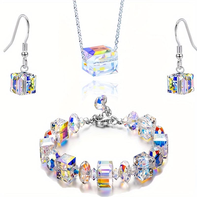 TEMU A Stylish And Minimalist Jewelry Set Featuring 1 Pair Of Earrings, 1 Bracelet, And 1 Necklace With A Colorful Gradient Design, Women