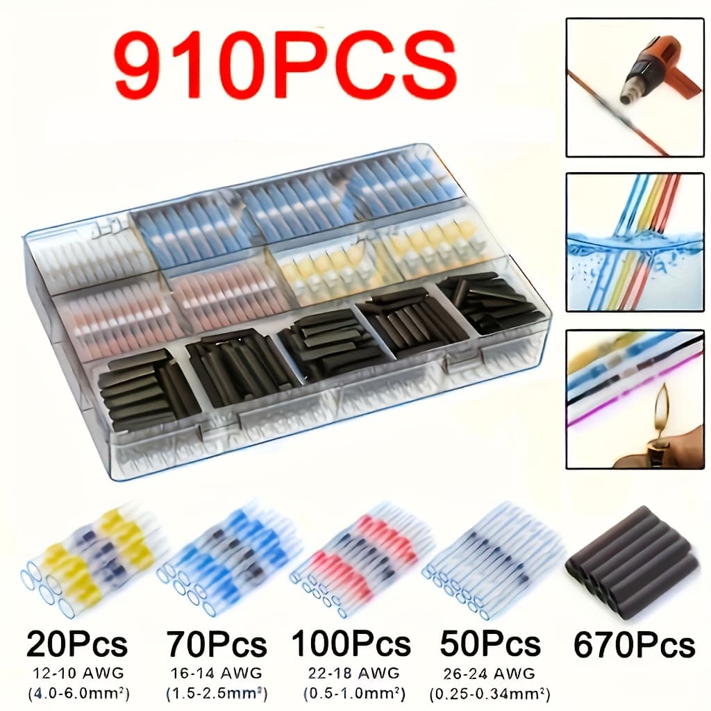 TEMU 910/1000pcs Waterproof Solder Seal Wire Connectors, Thermal Butt Connector, Insulated Electrical Butt Splice Wire Terminals For Marine Automotive Boat Truck Wire Joint