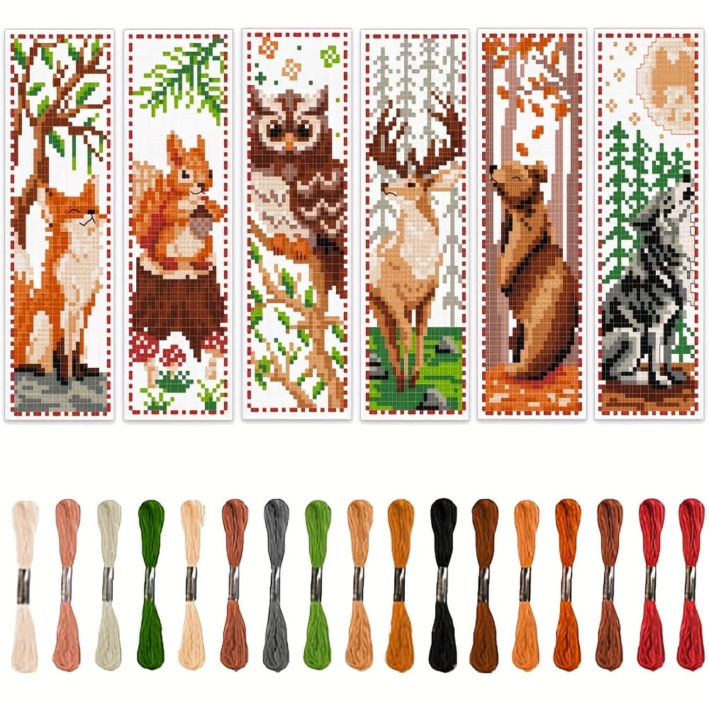 TEMU 6pcs Forest Cross Stitch Bookmark Art Set - Includes 6pcss Printed Cross Stitch Fabrics, Threads, Colored Embroidery Tools