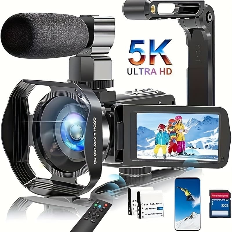 TEMU Marvue Video Camera Features A 5k Ultra Resolution, 64mp, Wifi , And 18x Digital Zoom. It Includes An Ir Night , A 3.0" Lcd Touchscreen, A Microphone, Hood, A 32 Gb Sd Card, And A Remote Control