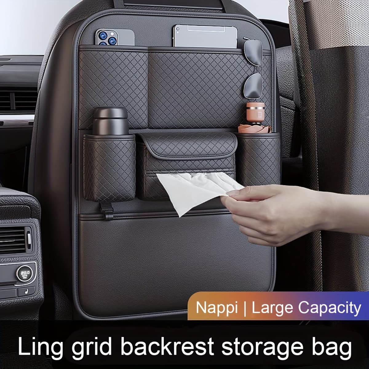 TEMU Diamond-patterned 4021 Storage For Cars, A Backseat Organizer With A Tissue Box And Storage Pockets For Car Interiors