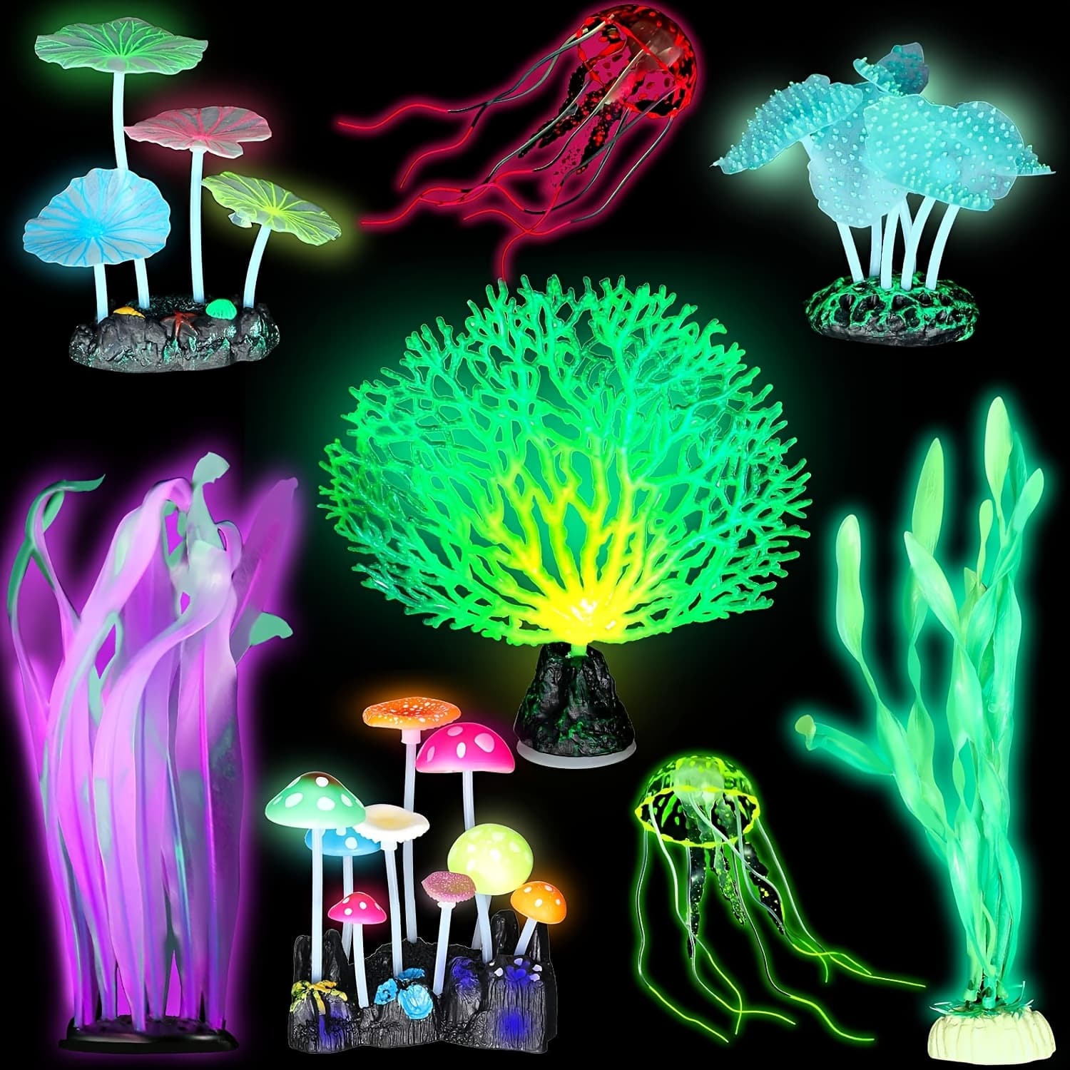 TEMU 8pcs Glowing Fish Tank Decorations Plants With 2 Style Glowing Sea Simulation Coral Jellyfish For Lotus Leaf Mushroom For Aquarium Fish Tank Glow Ornament