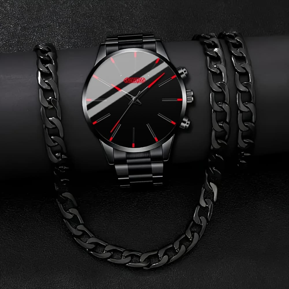 TEMU Men's 3pcs Watch Set, Featuring A Casual Fashion Quartz Wristwatch Along With A Necklace And Bracelet, Designed For Sports Enthusiasts
