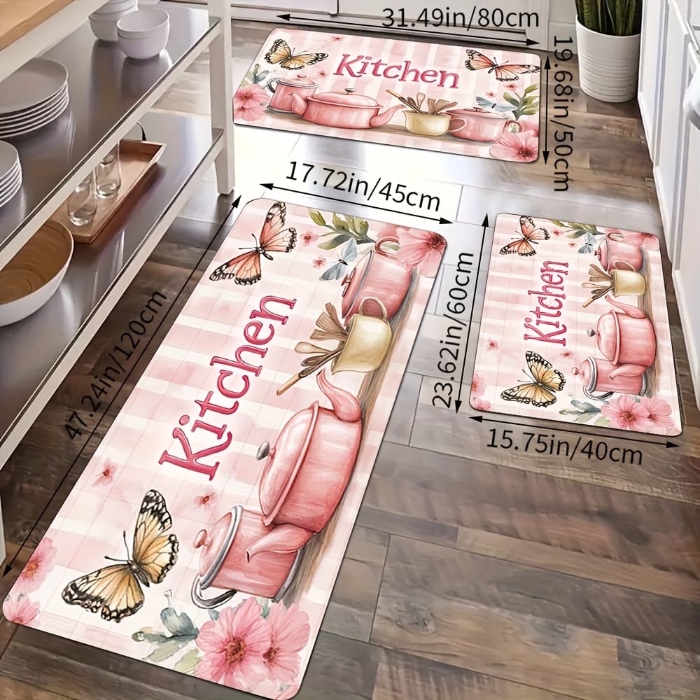 TEMU 1/2/3pcs Kitchen Floor Mats - Washable Rectangular Polyester Mats With Decor Patterns (butterflies, Flowers) For Use On Dining Tables And Kitchen Floors In Your Home.