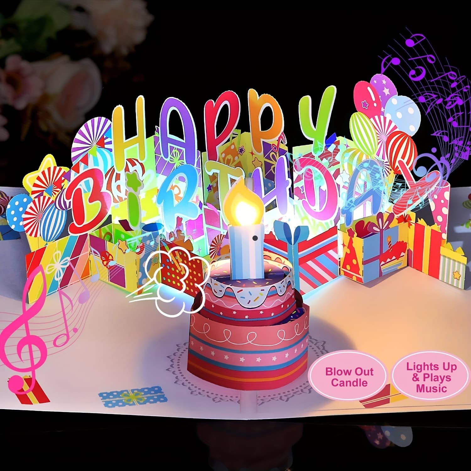 TEMU Birthday Gift Cards, Light And Music Happy Birthday Card, 3d Pop Up Birthday Card With Blowable Candle For Women Men Husband Wife Mom Dad.