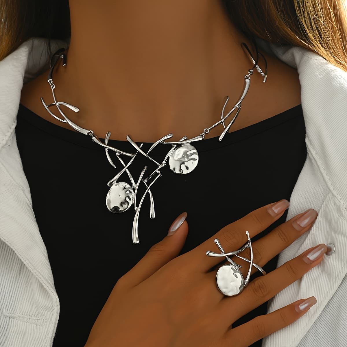 TEMU 1 Set Individual Irregular Split Branch Oval Piece Cold Style Necklace Ring Women' Jewelry And Holiday Wear