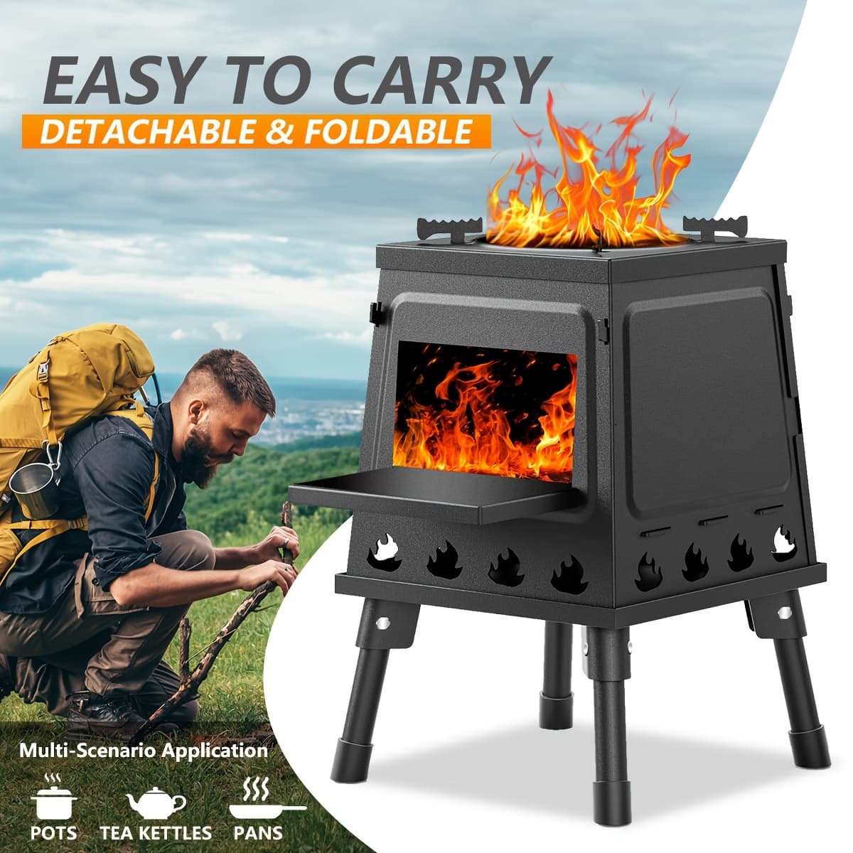 TEMU Wood Burning Camp Stove Portable Wood Stove For Outdoor Hiking Picnic Bbq Travel Black