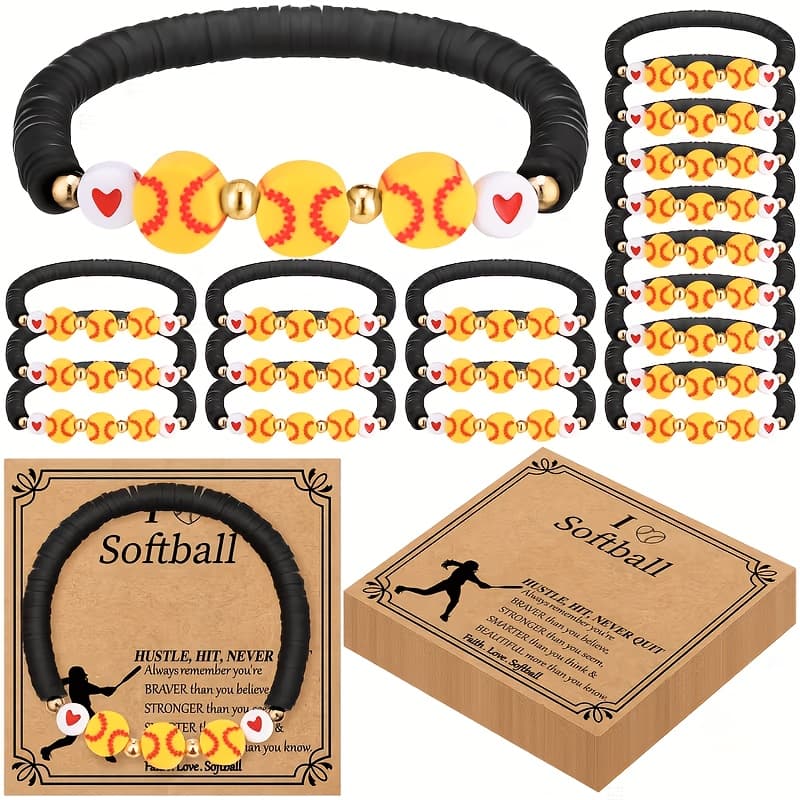 TEMU 20 Sets Sports Softball Bracelets Team Gift Bulk Adjustable Bead Ball Charm Bracelet With Inspirational Card For Sports Softball Lovers Players Gifts Birthday Party