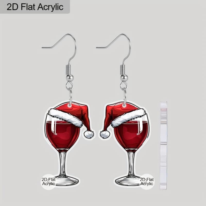 TEMU 2d Flat, 1 Pair Creative Christmas Hat Red Wineglass Dangle Earrings For Women Trendy Acrylic Earrings Christmas Earrings Festive Earrings Holiday Gifts Christmas Gifts