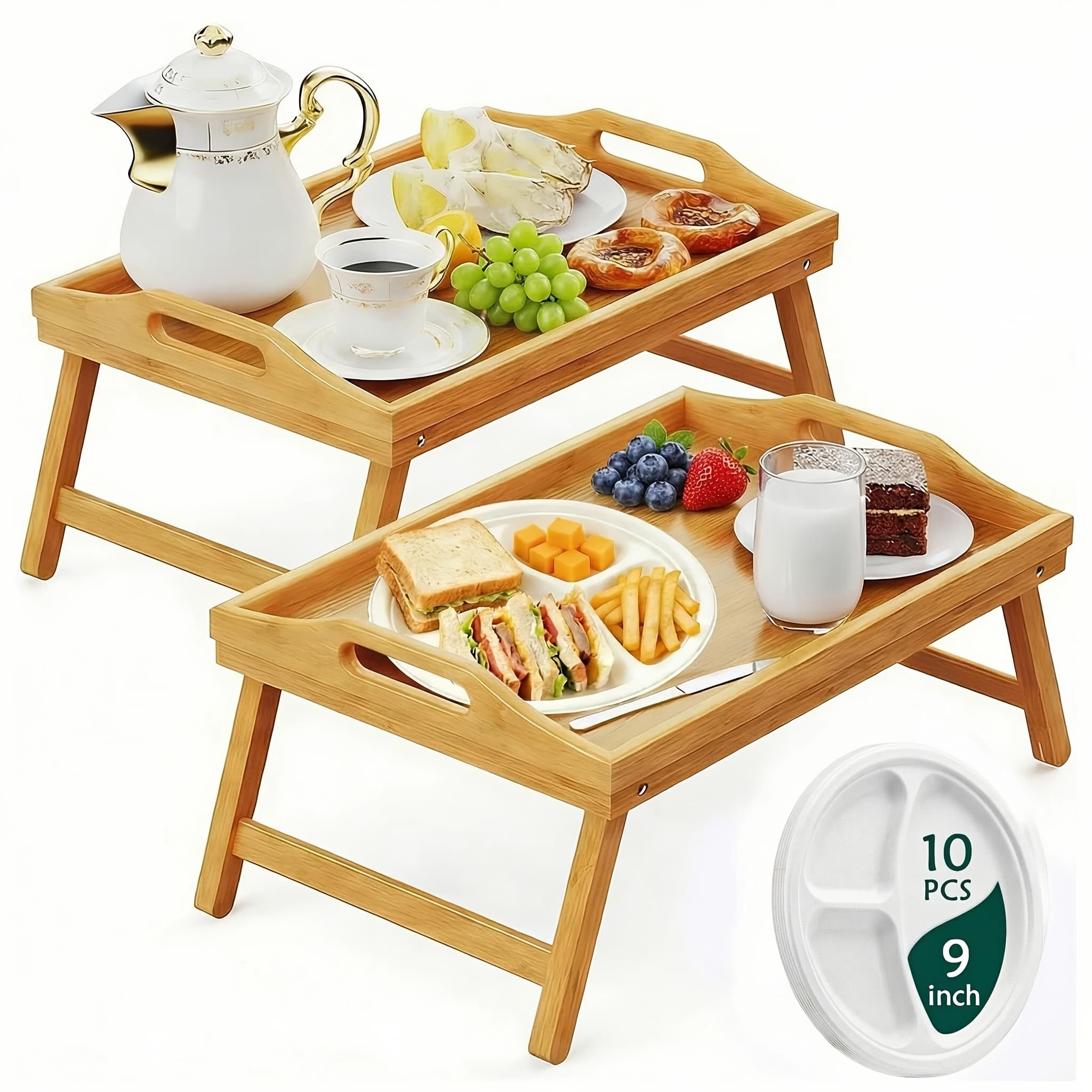 TEMU Bamboo Bed Tray Table With Foldable Legs - With Handles, Ideal For Eating, Working, Or - Durable And Stylish, In White, Black, Beige, And Brown, 1/2pcs