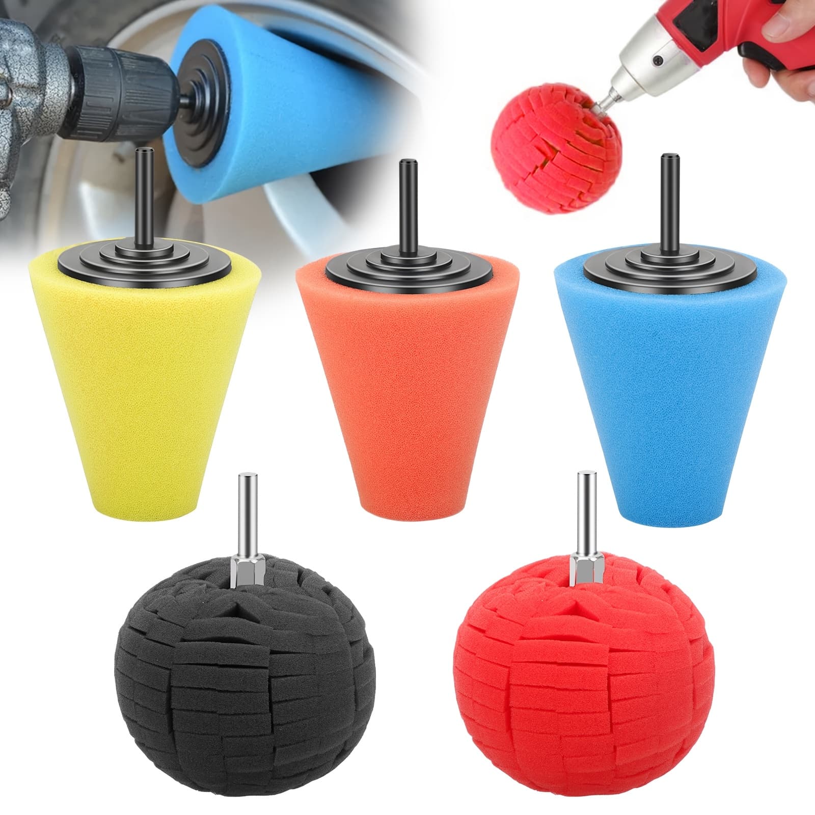 TEMU 5pcs Drill Buffing & Polishing Kit, With Polishing Cones & Polishing Balls, For Car Wheels, Care Cleaning