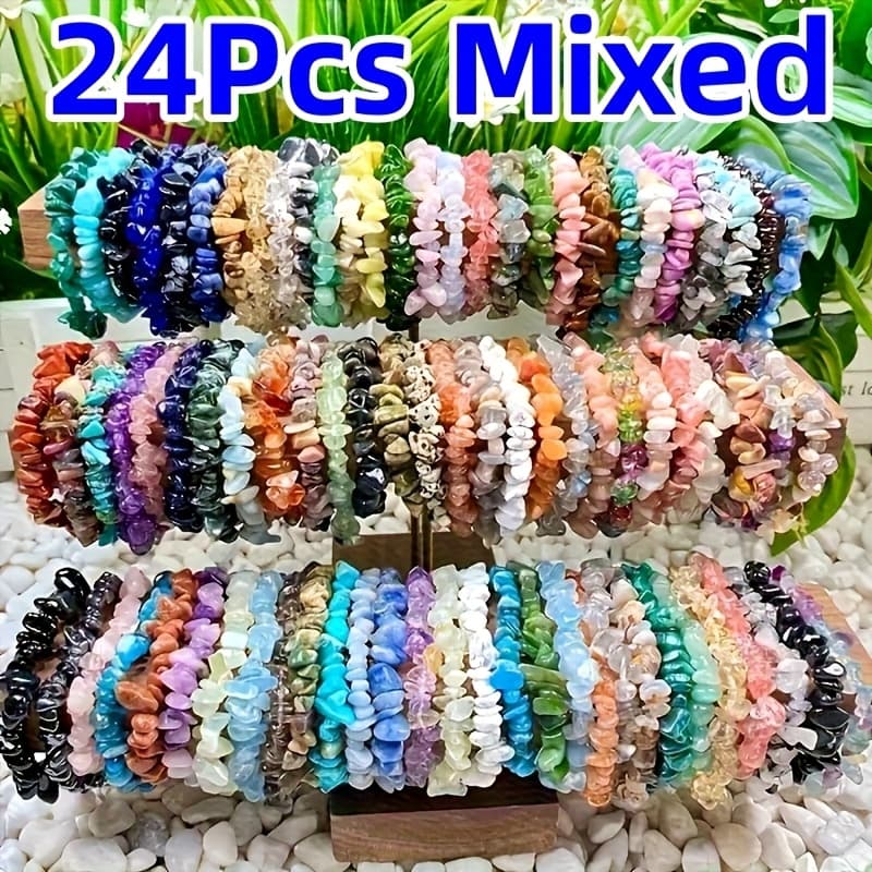 TEMU 24pcs Bohemian Stone Bead Elastic Bracelets - Multicolor Stone Beads, Stretchy Stackable Bands For &, Beach Vacation Accessories, Daily Wear, Parties (no, -) - Wrist Gift 24pcs