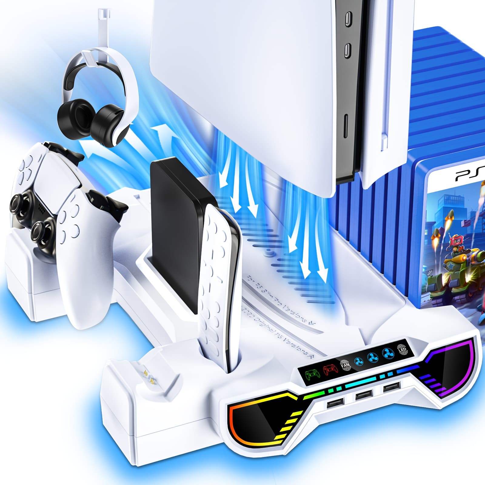 TEMU For Ps5/slim/pro Cooling Station And Controller Charging Station With Led Stand For Playstation 5 Console - For , Cooling Stand Accessory Kit-cooler Fan/headset Holder/3 Usb , White