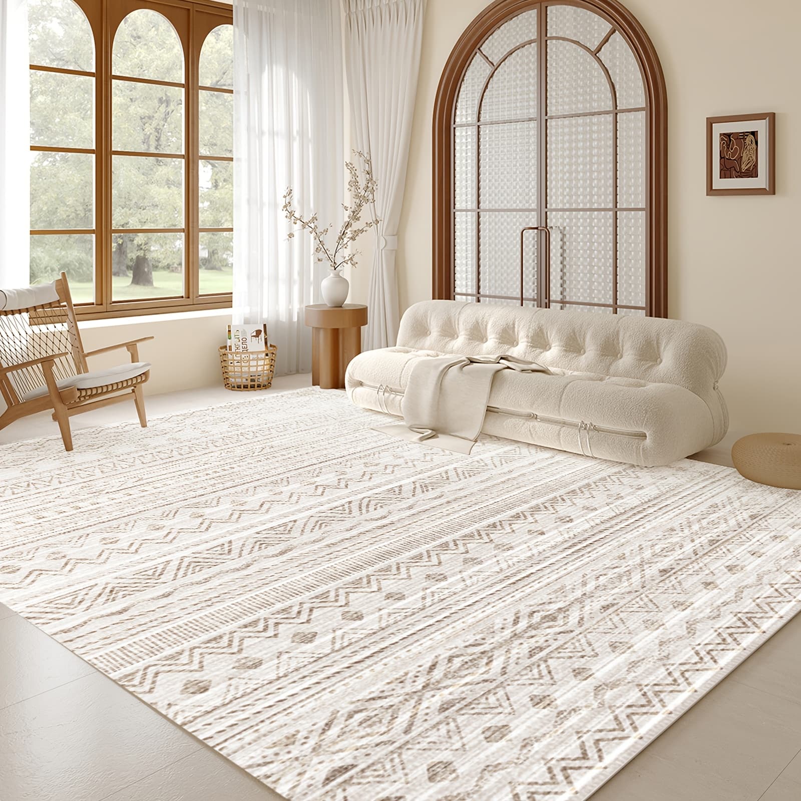 TEMU 1pc Modern Moroccan Boho Rug - Neutral Low-pile Carpet Suitable For Living Room, Bedroom, Office - Machine Washable Soft Indoor Boho With Neutral Tones