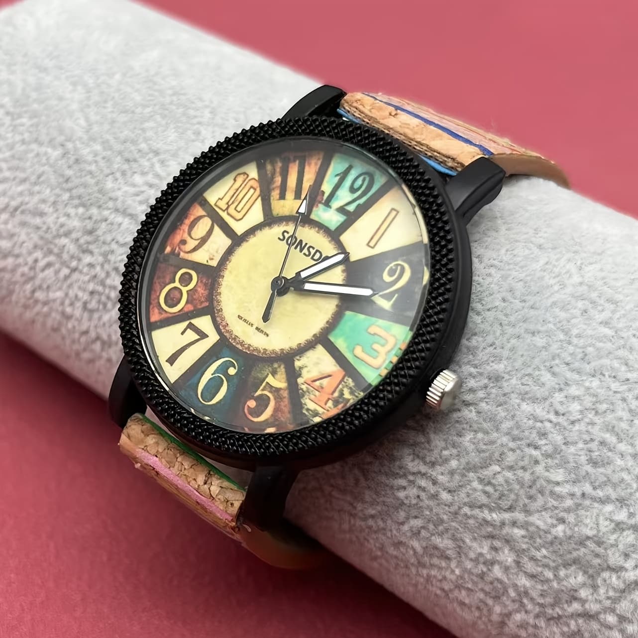 TEMU Vintage Style Faux Wood Grain Wrist Watch, Fashionable Quartz Movement, Round Alloy Case, Faux Leather Strap, Non, Battery Powered With Button Battery, Black Dial - Men's Accessory