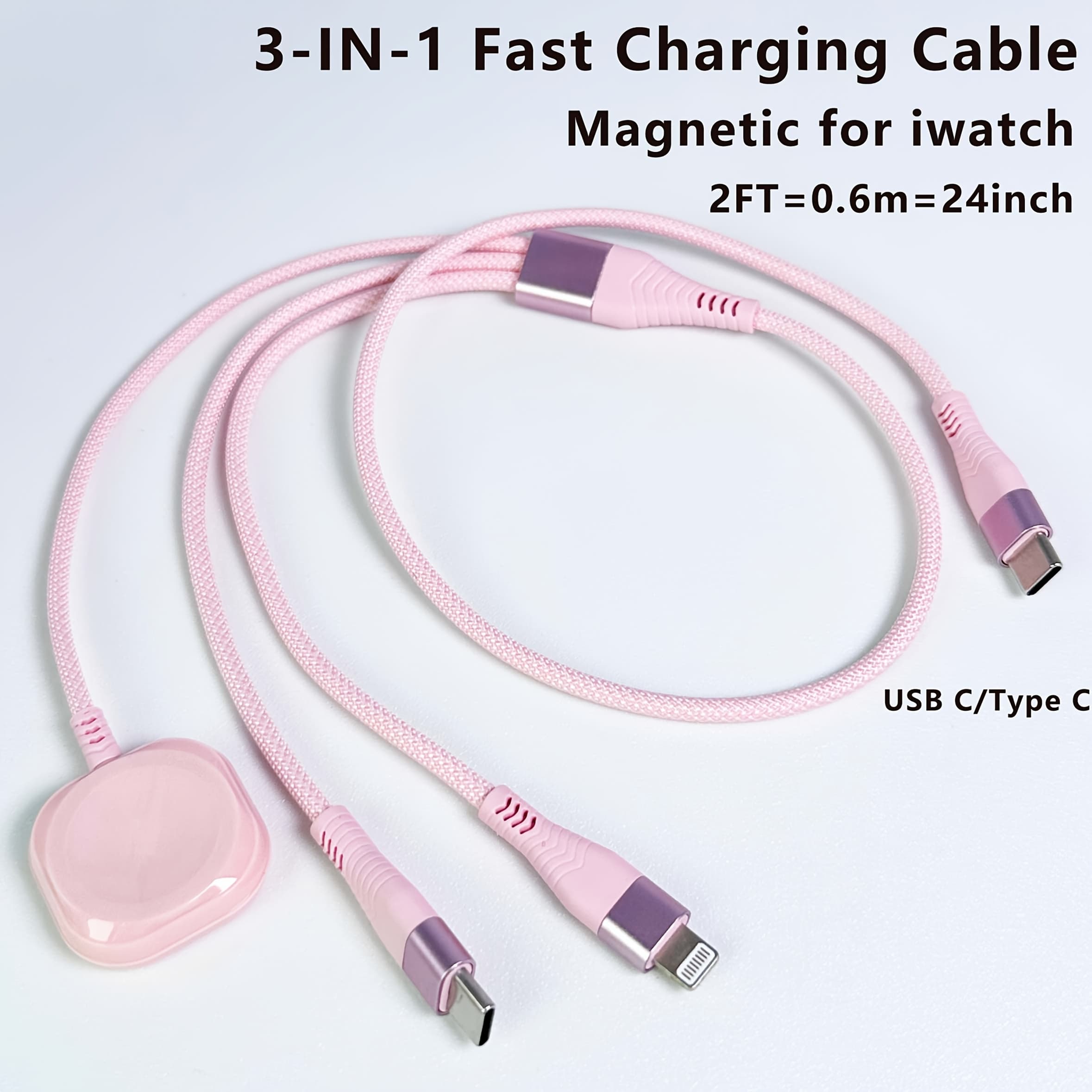 TEMU 0.6m Pink Travel 3-in-1 Charging Cable For Magnetic Multi Charging Cable, Newest [usb C Port] Nylon Braided Lightning Type-c Cord And Iwatch Wireless Charger Wire, For Iphone Phone And For Iwatch
