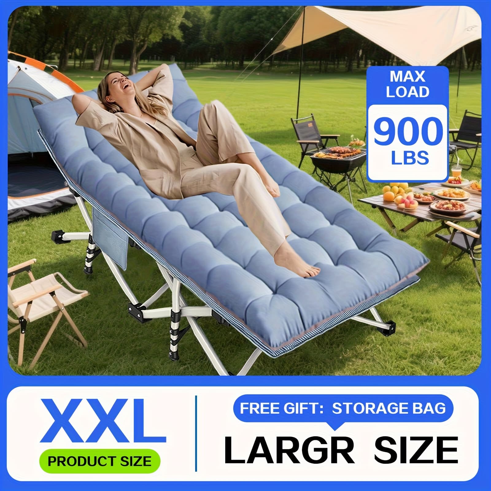 TEMU Portable Camping Cot, 700lbs-900lbs , Xl/xxl Oversize Folding Camping H Equipment Cot Extra Wide Heavy Duty Guest Bed With Mattress, Folding Cot For Outdoor Camping Outdoor