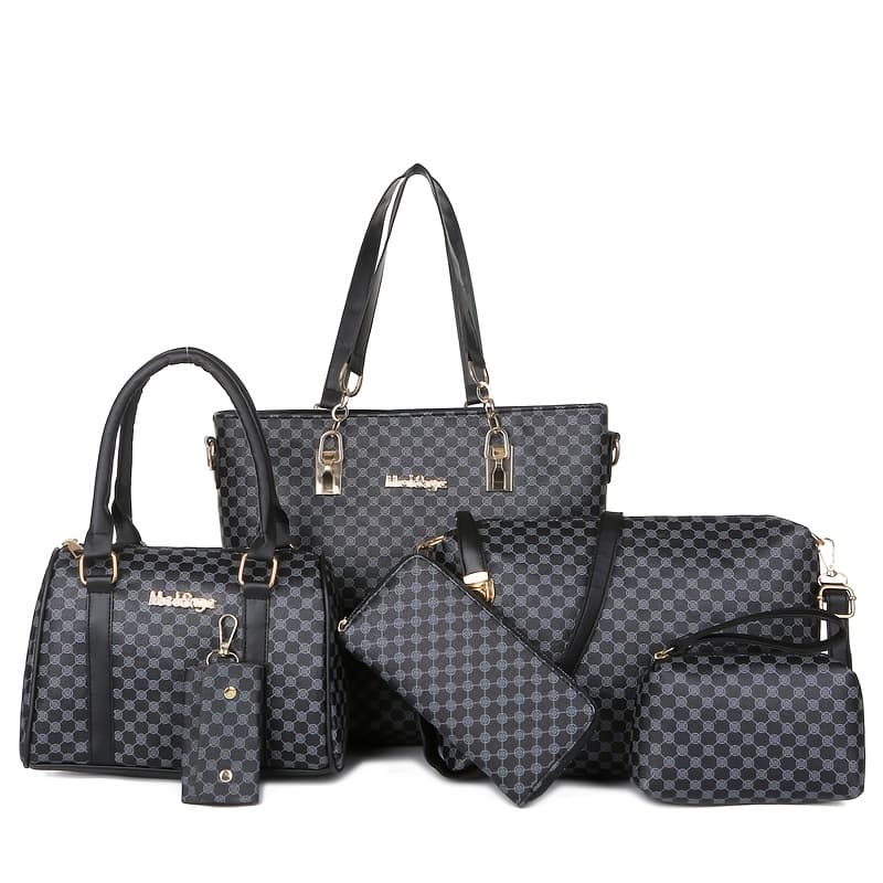 TEMU Fashion 6pcs Women's Handbag Set, Geometric Pattern, Urban Theme, Zipper Closure, Polyester Lining, Edge Paint.