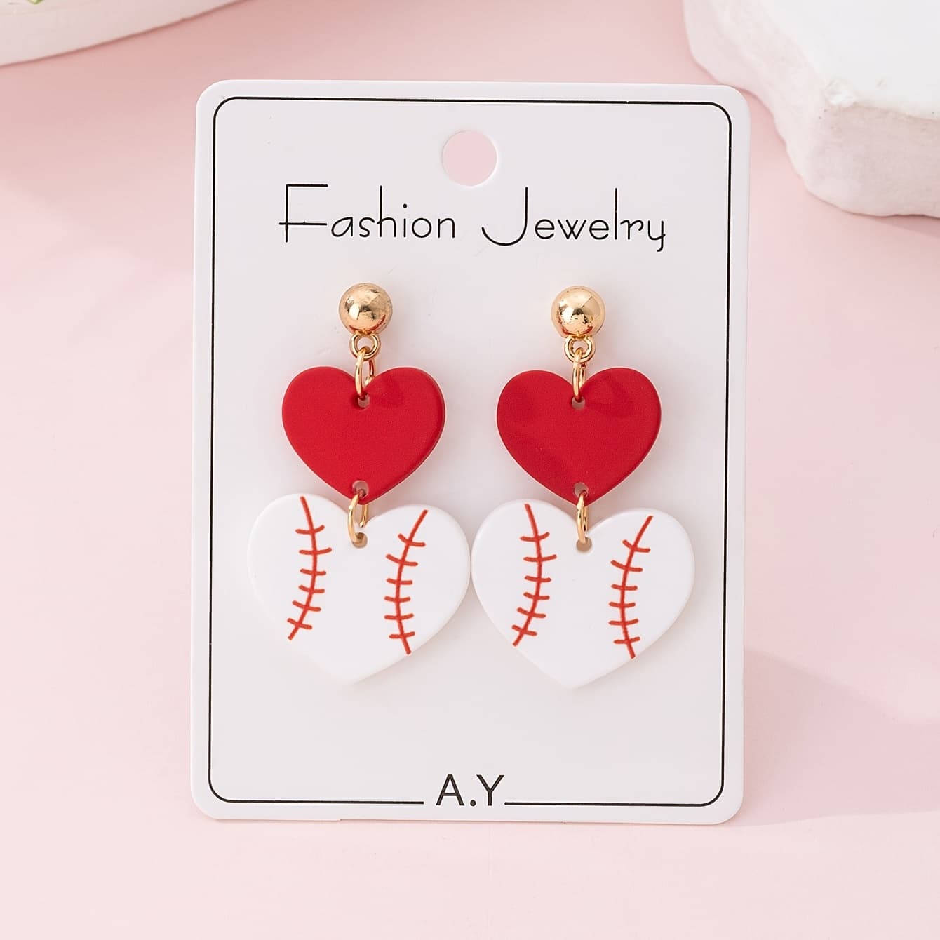TEMU 1 Pair Heart Football Baked Acrylic Fashion Drop Earrings | Elegant Party Gift, Iron Post, Suitable For All