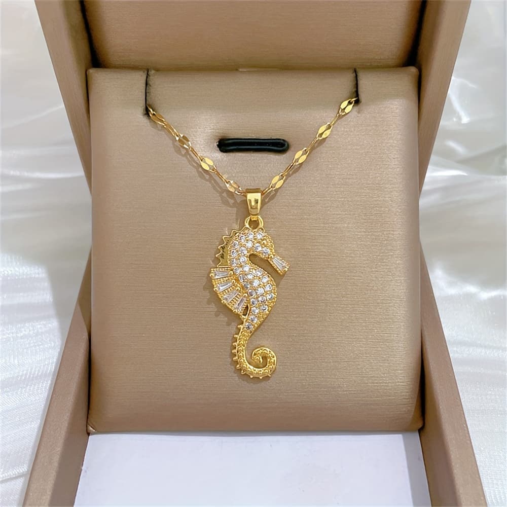 TEMU 1pc Titanium+copper With Zirconia Small Seahorse Women's Fashion Pendant Necklace Sweater Chain Collarbone Chain Suitable For Daily Wear Delicate Jewelry Necklaces Gifts For Girl