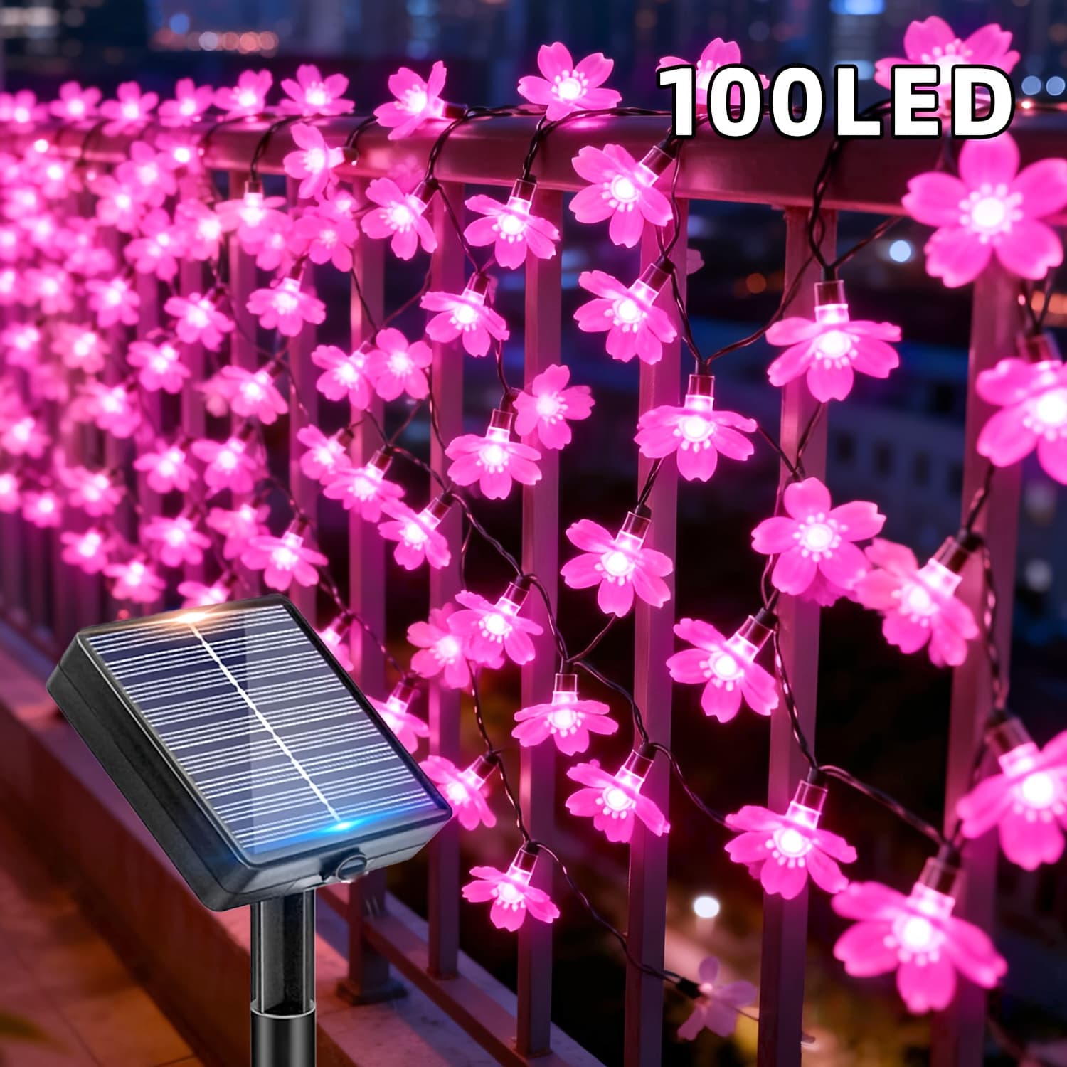 TEMU Solar-powered Led Flower String Lights, /100led-6.4/8.4/14.4m, 12modes, Plastic , Blinking, Button Control, White, Outdoorcenigarden Balcony Terrace Wedding Decor, Solarcharging