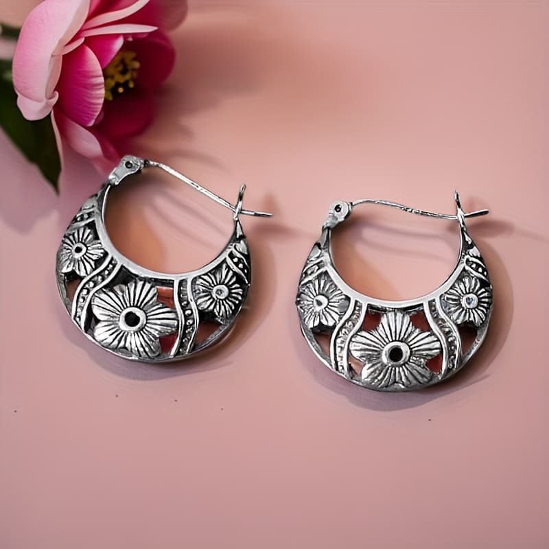 TEMU [artisan Floral Hoop] 1 Pair S925 Sterling Silvery Carved Flower Hoop Earrings | Vintage Boho Women's Jewelry | Birthday, And Christmas Gift