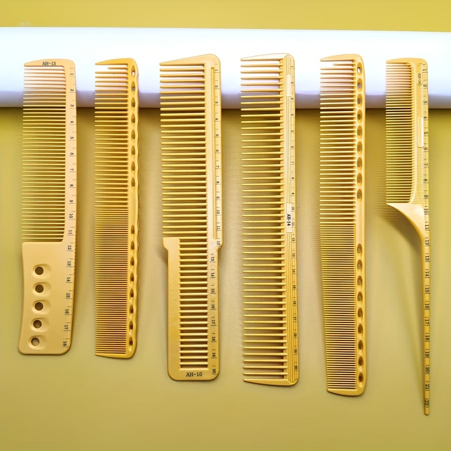 TEMU 6pcs Barber Comb Set, Yellow Style Measuring Ruler Comb, Unisex Hair Styling And Trimming Kit, Precision Cutting And Styling Combs, Essential Professional Salon Comb Set