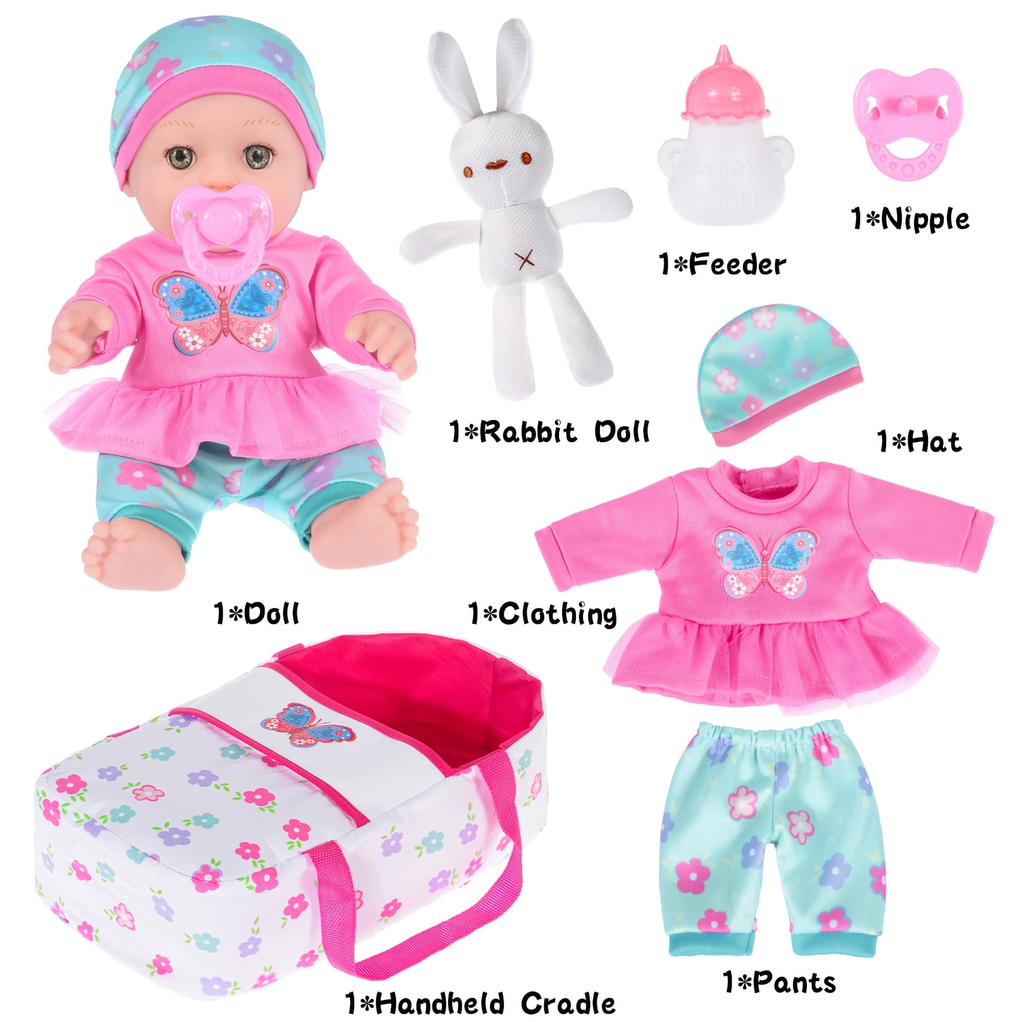 TEMU 12 Inch Doll And Accessories, With 1 Set Of Clothes, Basket, Rabbit Fur Toy, Pacifier, Bottle (suitable For Halloween Gifts, Christmas Gifts, Holiday Gifts)