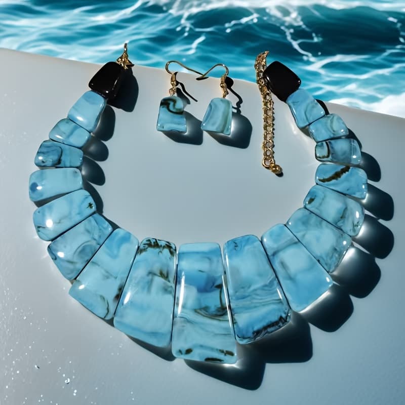 TEMU Middle East Fashion Blue Tone Necklace And Earring Set | Elegant Exotic Additions, Exquisite Blue Glazed Jewelry Set, Plastic Material, Suitable For Daily And Vacation Occasions