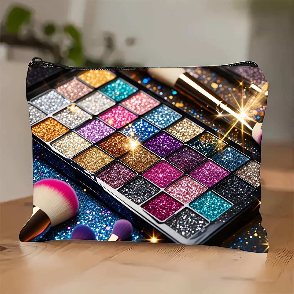 TEMU Glitter Palette Makeup Bag, Shimmering Colors, Lightweight, Foldable, Zippered Cosmetic Pouch, Machine Washable, Portable Storage | Elegant | Zipper Closure, Small Makeup Bag