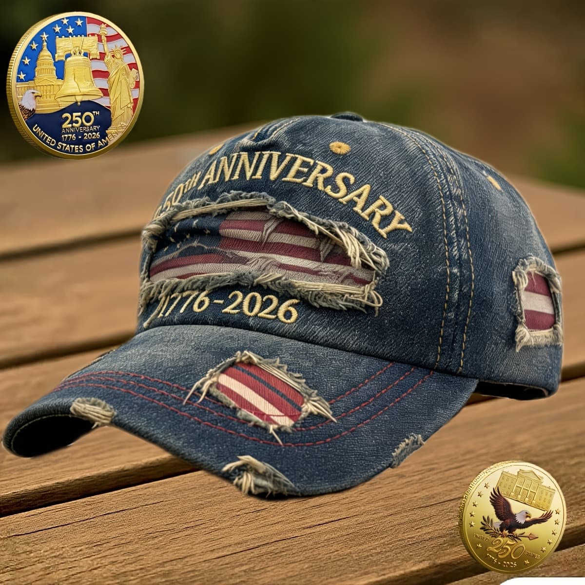 TEMU Patriotic Commemorative Set, Embroidered Distressed Denim Baseball & Commemorative Coin, Adjustable 250th Anniversary Day American-themed Gift For Him,