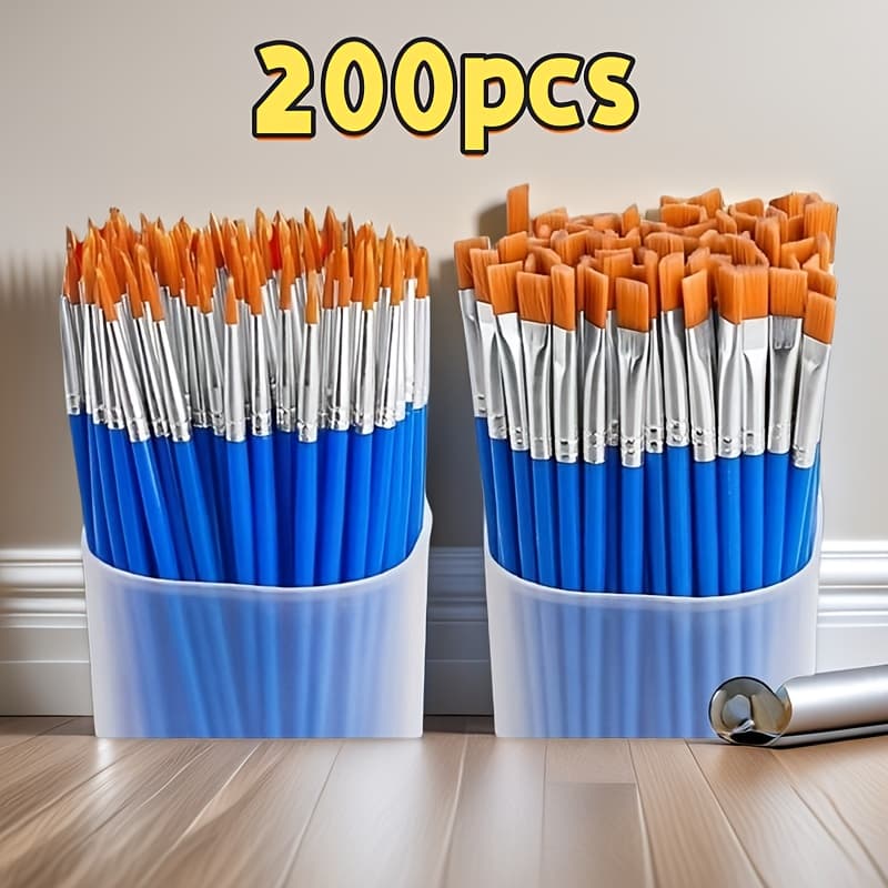 TEMU 200pcs Professional Acrylic Paint Brushes Set – Flat & Round Nylon Bristles, Reinforced Ferrules For Canvas, Face Painting, Watercolor | Bulk Artist Supplies