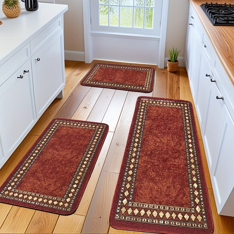 TEMU 1/2/3pcs Farmhouse Kitchen Carpet Set, Home Decorative Carpet, Flannel Material Dry Non-slip Soft Comfortable Easy To Clean, Suitable For Bathroom Door Mat Bedroom Living Room Porch Laundry