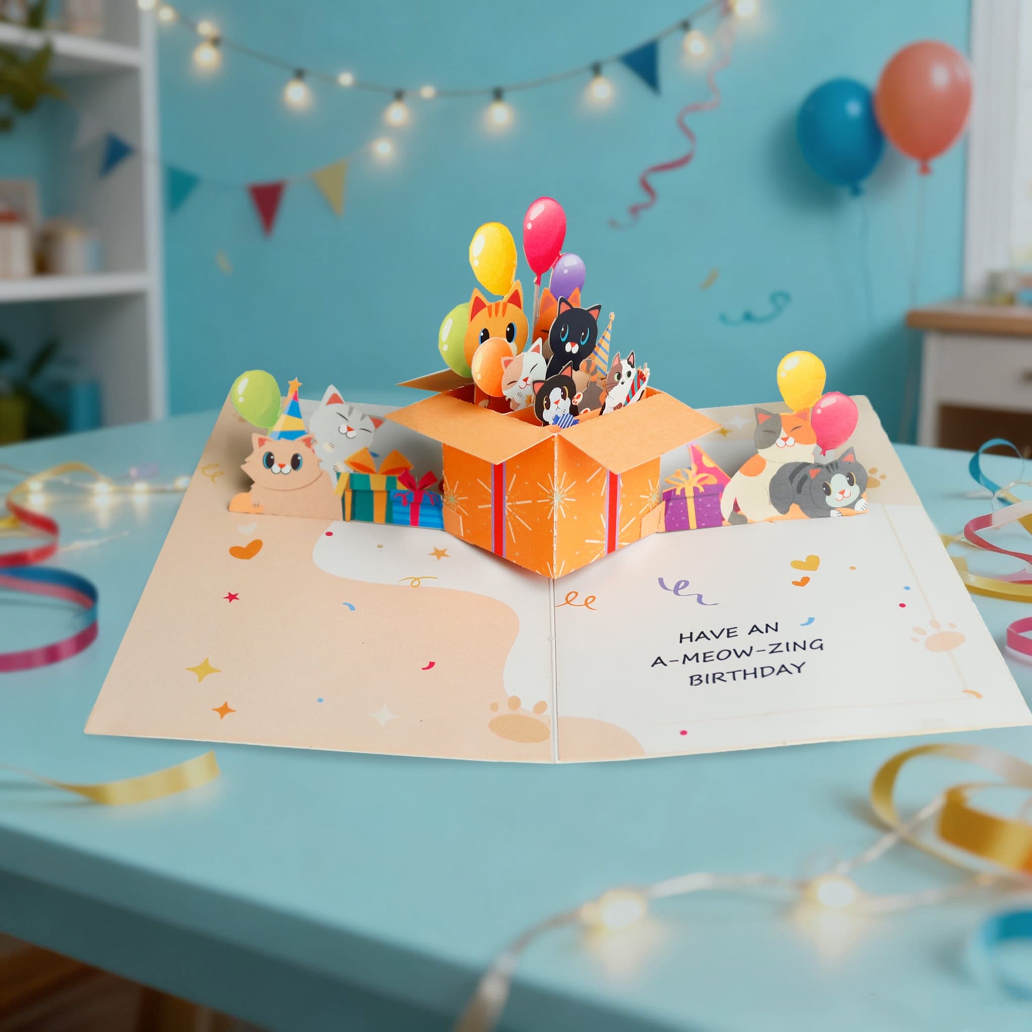 TEMU 1pc Interactive 3d Pop-up Cat Birthday Card With Envelope & Message Card - Cute Cat Paw & Party Hat Design, Greeting & S, Birthday Party Invitation, Retirement, Anniversary (paper, Easy-to-)