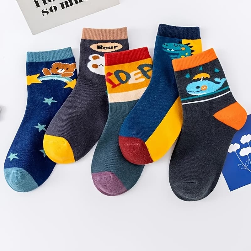 TEMU 5 Pairs Comfortable Boys Cartoon Socks - Warm, Soft, Comfortable And Breathable, Perfect For All , Featuring Cute Bear, Whale And Space Themes