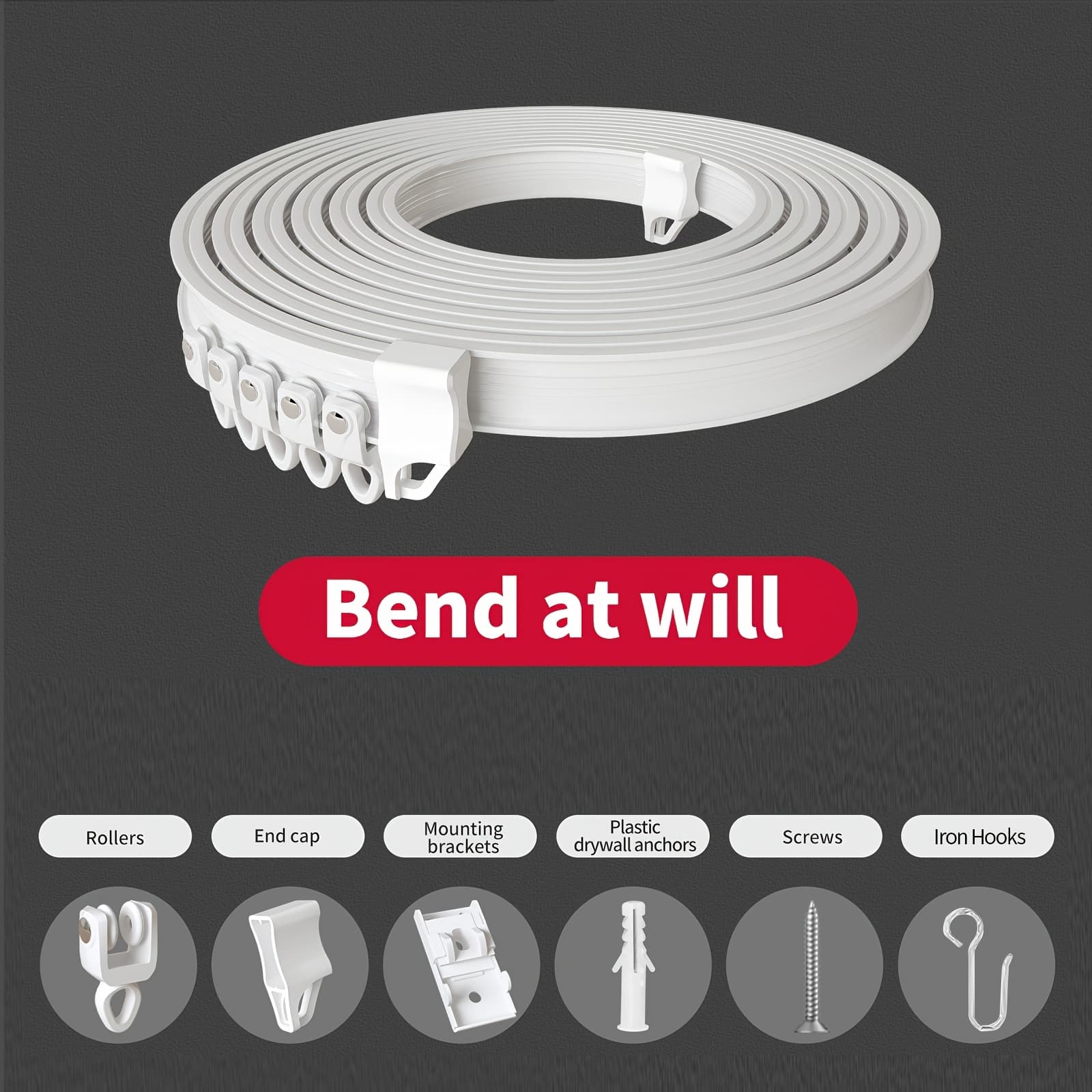 TEMU White Glossy Flexible Alloy Plastic Curtain Rail - On Ceiling, , Ideal For Bathroom And Home Decor, Bay Window Decoration | Accessories | Durable Pvc Track, Bend