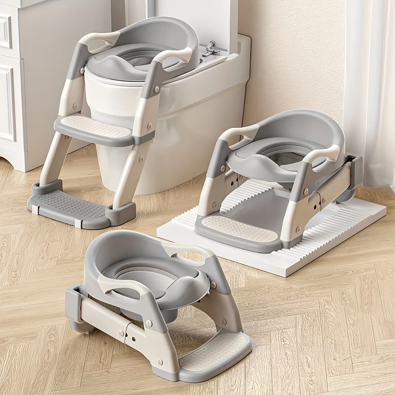TEMU 3-in-1 Portable Toilet Seat For - Adjustable And Foldable Step Stool With Safety Harness, Multi-colored, Made Of Plastic - Perfect For Home, Stairs, And Training