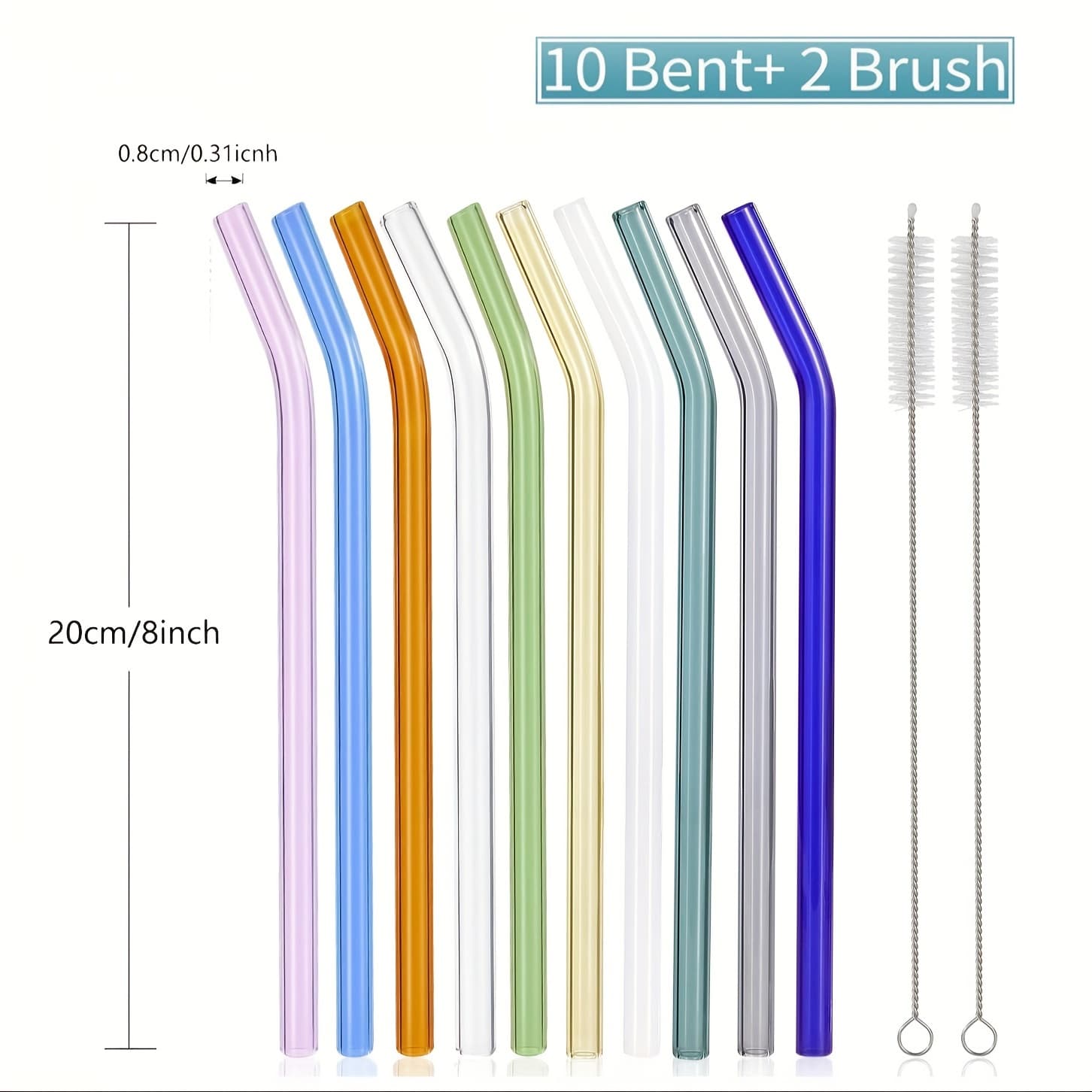 TEMU 10pcs Reusable Colorful Glass Straws With 2 Cleaning Brush, 8" X 8mm Colorful Glass Straws For Restaurant, Picnic, Camping, Sports, Smoothie, Shake, Tea, Juice, Kitchen Gifts