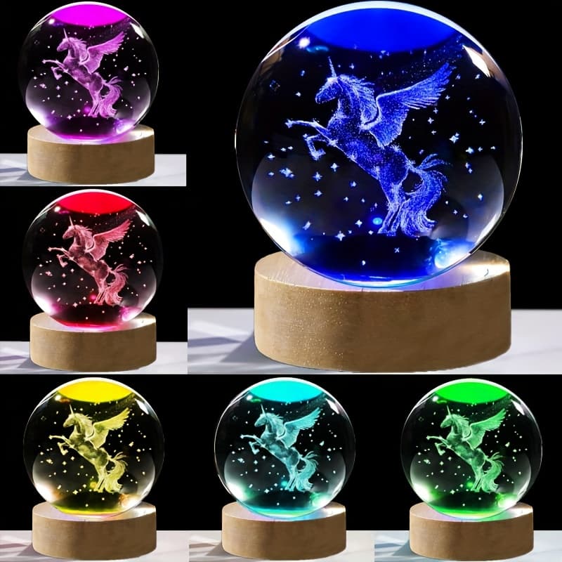 TEMU An 3d Laser- Unicorn Crystal Ball Night Lamp Featuring A Wooden Led Base. Purity, , And Sacredness. An Ideal Present For , , And Mothers