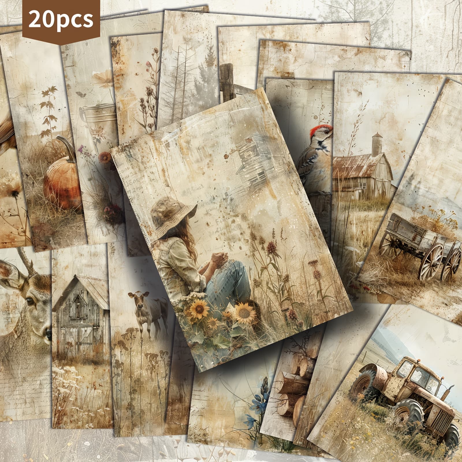 TEMU 20 Pack Vintage Autumn Farmhouse Paper Postcards - 4x6 Inches Vintage Junk Journal Paper, Classic Pinup Illustrations, Collectible Decorative Painting Cards For Scrapbooking & Crafting