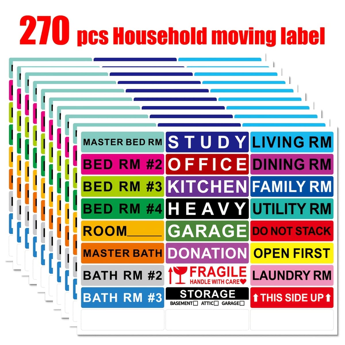 TEMU 270pcs Of Color-coded Moving Labels, Including Living Room, Bedroom, Kitchen, Dining Room, Bathroom, Fragile Labels, , And 27 Space Stickers/papers (10 Sheets)