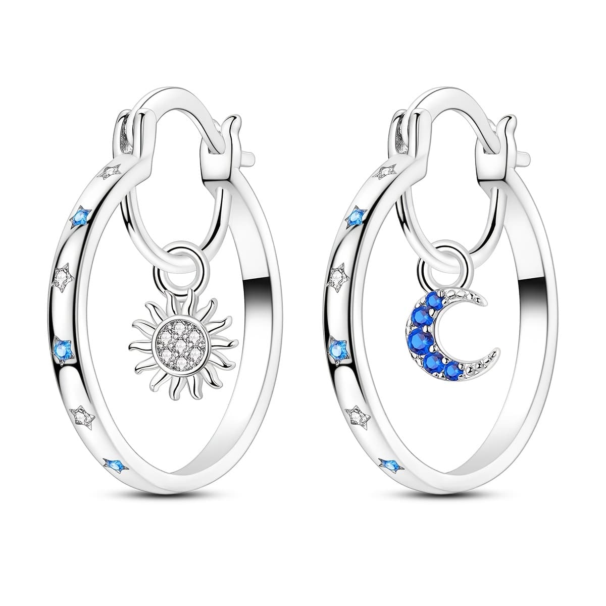 TEMU 1 Pair Plated Silver Cubic Synthetic Zirconia Creative Moon Star Asymmetric Hoop Earrings Women Jewelry, Perfect For Daily Party Wear & Gifts