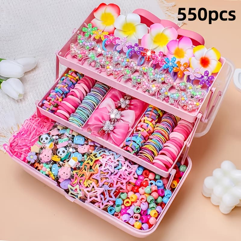 TEMU Random 550pcs Pink Hair Additions Family Bucket! Hair Ties And Flower/animal/letter Hair Clips Sweet Casual Full Coverage Universal For And Women All Hairstyle