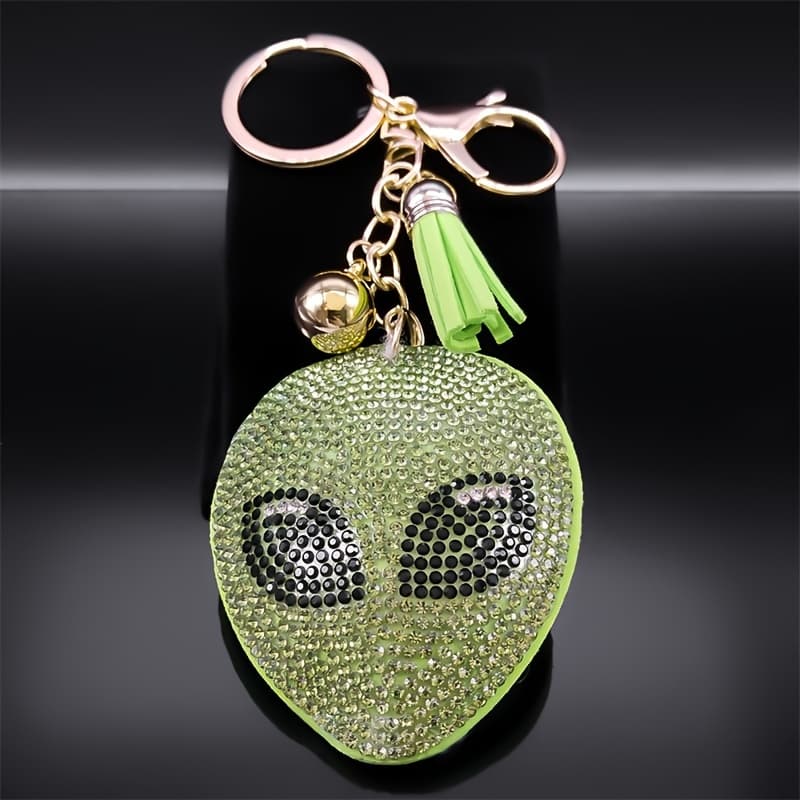 TEMU Head Crystal Keychain With Green Tassel - Golden Alloy, Accents, Lobster Clasp For Bags & Cars - Fashionable Accessory For Women